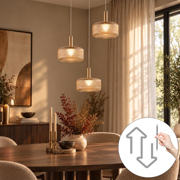Design függőlámpa rozéarany borostyánszínű üveggel, LED-del, 3 fokozatban szabályozható, 3 fényforrású Easylift - Fiera