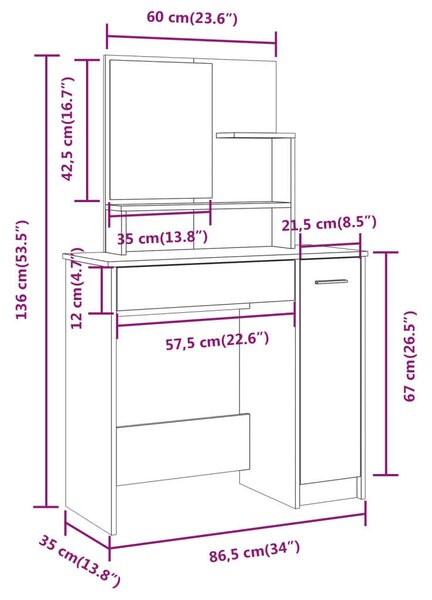 VidaXL Sminkasztal Szett - Sonoma Tölgy - 86,5x35x136 cm