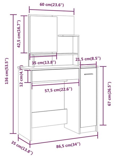 VidaXL Sminkasztal Szett - Fehér Magasfényű - 86,5x35x136 cm