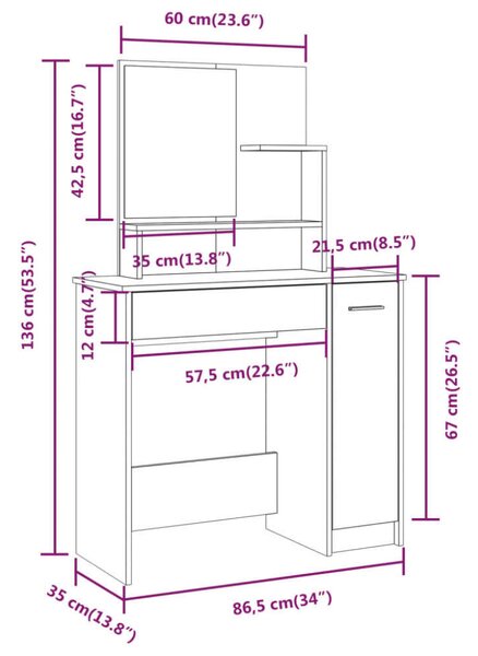 VidaXL Fésülködőasztal Szett - Füstös Tölgy - 86,5x35x136 cm