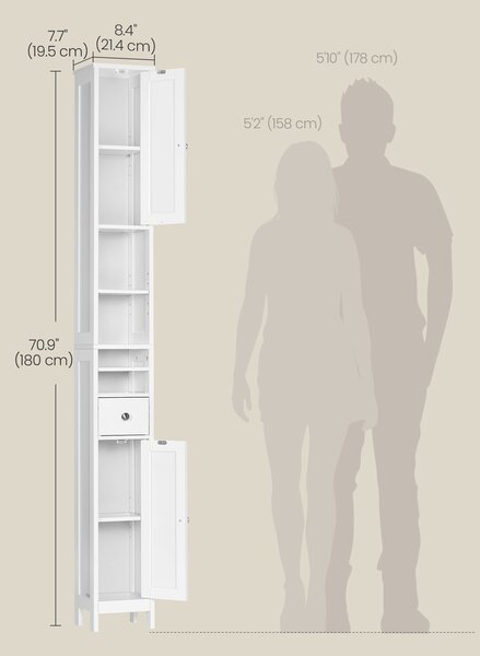 180cm Magas fürdőszobai szekrény, keskeny, állítható polcokkal, modern, felhőfehér
