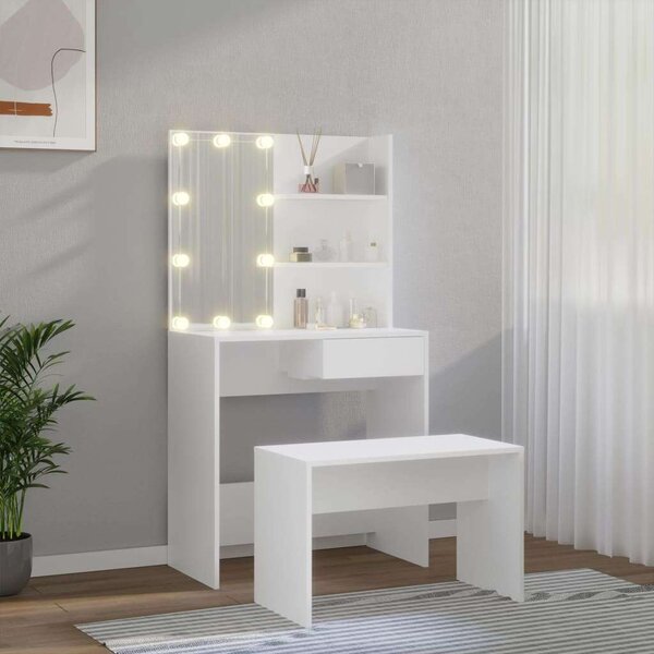Fehér Fa LED-es Sminkasztal Szett - 75x40x141cm