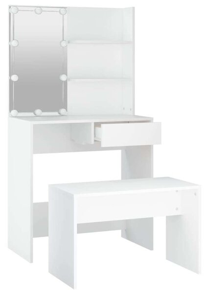 Fehér Fa LED-es Sminkasztal Szett - 75x40x141cm