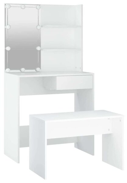 Fehér Fa LED-es Sminkasztal Szett - 75x40x141cm