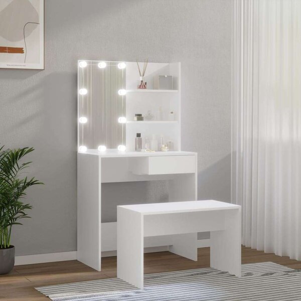 Fehér Fa LED-es Sminkasztal Szett - 75x40x141cm