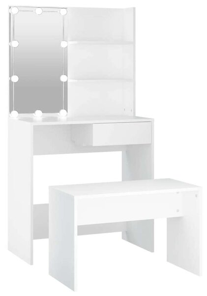 Fehér Fa LED-es Sminkasztal Szett - 75x40x141cm