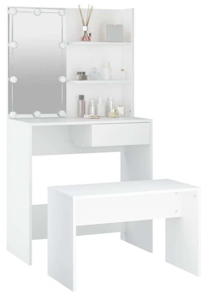 Fehér Fa LED-es Sminkasztal Szett - 75x40x141cm