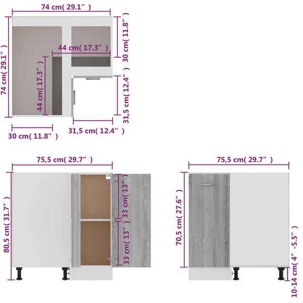 VidaXL szürke sonoma színű szerelt fa konyhaszekrény 75,5x75,5x80,5 cm