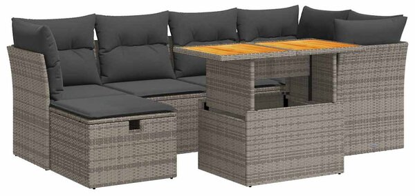 7 részes szürke polyrattan akácfa kerti ülőgarnitúra párnákkal