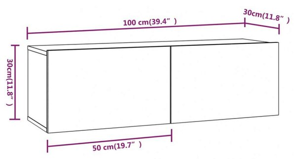 4 db Fehér Fali TV Szekrény - 100x30x30 cm