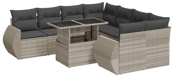 9 részes világosszürke polyrattan kerti ülőgarnitúra párnával