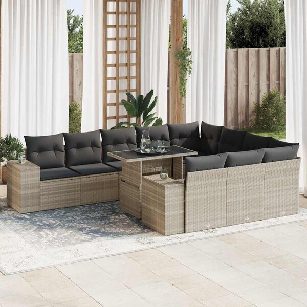 11 részes világosszürke polyrattan kerti ülőgarnitúra párnákkal