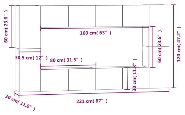 VidaXL 8 részes betonszürke szerelt fa TV-szekrényszett