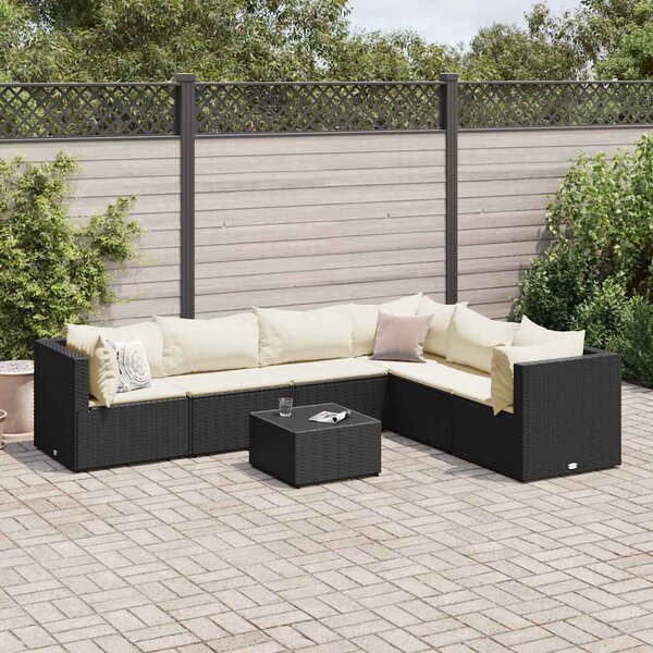 7 részes fekete polyrattan kerti ülőgarnitúra párnákkal