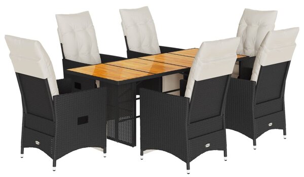 7 részes fekete polyrattan kerti étkezőgarnitúra párnával
