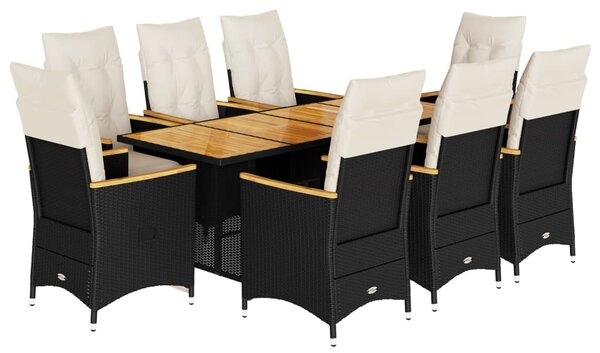 9 részes fekete polyrattan kerti bisztrógarnitúra párnákkal