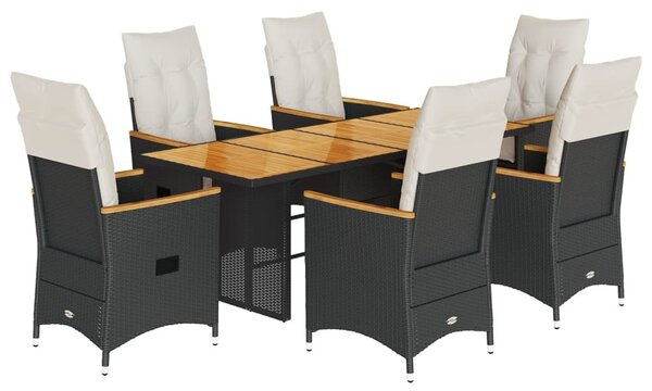 7 részes fekete polyrattan kerti étkezőgarnitúra párnával