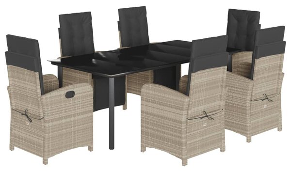 7 részes világosszürke polyrattan kerti étkezőszett párnával