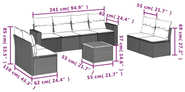 9 részes bézs polyrattan kerti ülőgarnitúra párnákkal