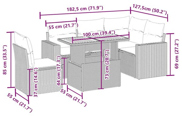 6 részes bézs polyrattan kerti ülőgarnitúra párnával