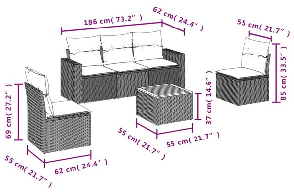 6 részes bézs polyrattan kerti ülőgarnitúra párnával