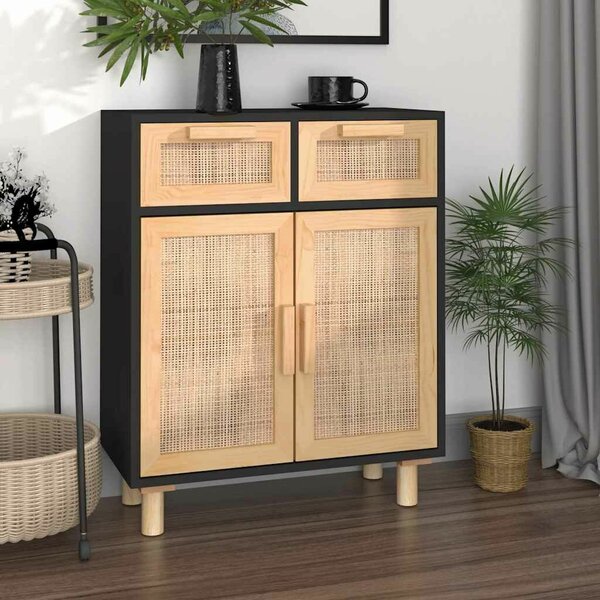 VidaXL Tálalószekrény - Fekete Fenyő/Rattan - 60x30x75cm