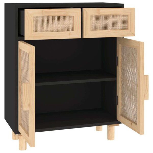 VidaXL Tálalószekrény - Fekete Fenyő/Rattan - 60x30x75cm