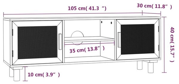 Barna fenyőfa és természetes rattan tv-szekrény 105x30x40 cm
