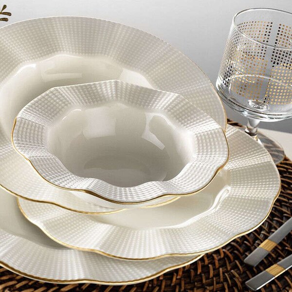 Elegáns Porcelán Étkészlet - Krém-Arany - 24 darab