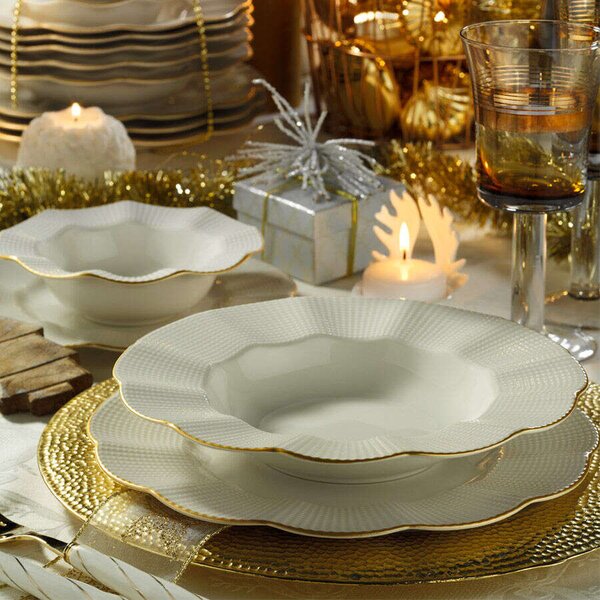 Elegáns Porcelán Étkészlet - Krém-Arany - 24 darab