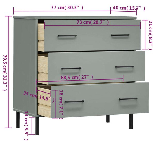 VidaXL OSLO szürke tömör fa tálalószekrény 3 fiókkal 77 x 40 x 79,5 cm