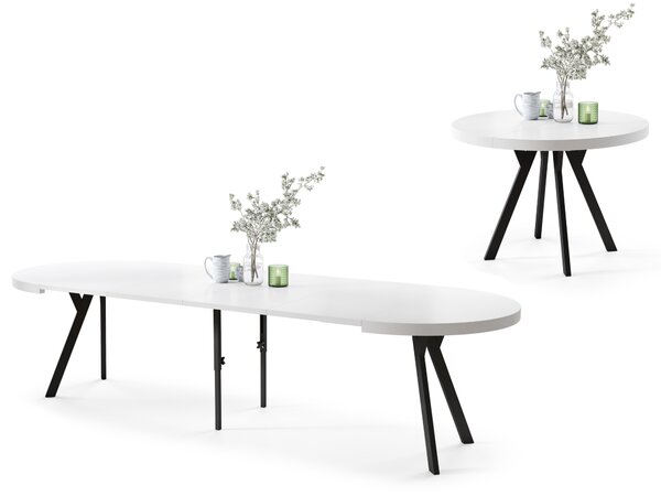 Mazzoni EXPANSO Fehér Matt/fekete lábak - LOFT/IPARI STÍLUSÚ 310 cm-re BŐVÍTHETŐ NAGY KEREK ASZTAL Ø110 Y LÁBAKKAL