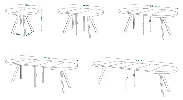 Mazzoni EXPANSO Fehér Matt/fekete lábak - LOFT/IPARI STÍLUSÚ 310 cm-re BŐVÍTHETŐ NAGY KEREK ASZTAL Ø110 Y LÁBAKKAL