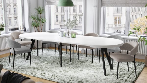 Mazzoni EXPANSO Fehér Matt/fekete lábak - LOFT/IPARI STÍLUSÚ 310 cm-re BŐVÍTHETŐ NAGY KEREK ASZTAL Ø110 Y LÁBAKKAL