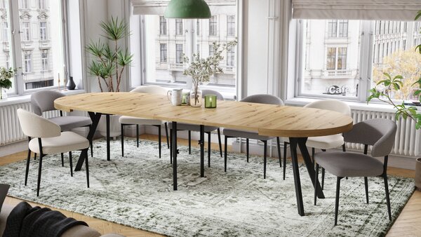 Mazzoni EXPANSO Artisan Tölgy/fekete lábak - LOFT/IPARI STÍLUSÚ 310 cm-re BŐVÍTHETŐ NAGY KEREK ASZTAL Ø110 Y LÁBAKKAL
