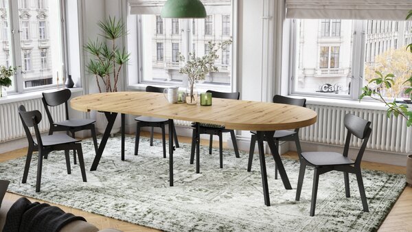 Mazzoni EXPANSO Artisan Tölgy/fekete lábak - LOFT/IPARI STÍLUSÚ 310 cm-re BŐVÍTHETŐ NAGY KEREK ASZTAL Ø110 Y LÁBAKKAL