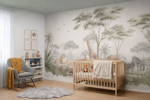 Fotótapéta Szafari zsiráfokkal, oroszlánokkal, zebrákkal és trópusi fákkal, Fotótapéta állatok, w05804 : Uwalls.hu