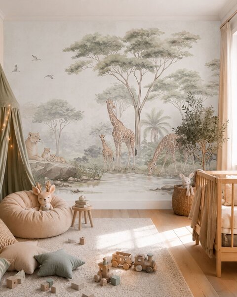 Fotótapéta Szafari zsiráfokkal, oroszlánokkal, zebrákkal és trópusi fákkal, Fotótapéta állatok, w05804 : Uwalls.hu