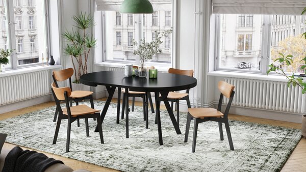Mazzoni EXPANSO Fekete Matt/fekete lábak - LOFT/IPARI STÍLUSÚ 310 cm-re BŐVÍTHETŐ NAGY KEREK ASZTAL Ø110 Y LÁBAKKAL
