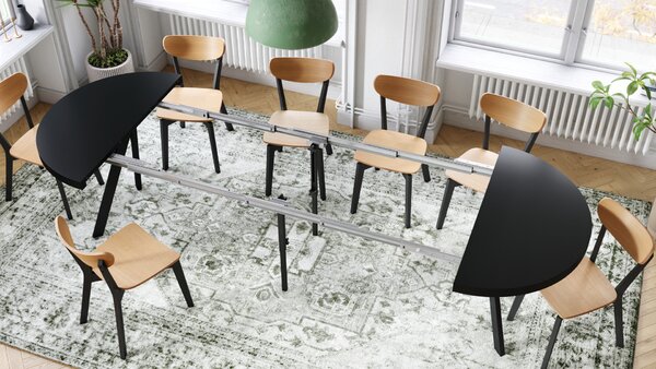 Mazzoni EXPANSO Fekete Matt/fekete lábak - LOFT/IPARI STÍLUSÚ 310 cm-re BŐVÍTHETŐ NAGY KEREK ASZTAL Ø110 Y LÁBAKKAL