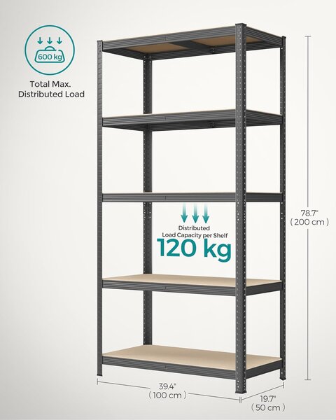 5 szintes fém tároló polc, teherbírás 600 kg, 50 x 100 x 200 cm, szürke
