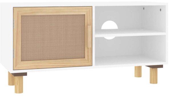 Fenyő-Rattan TV Szekrény - Fehér - 80x30x40 cm
