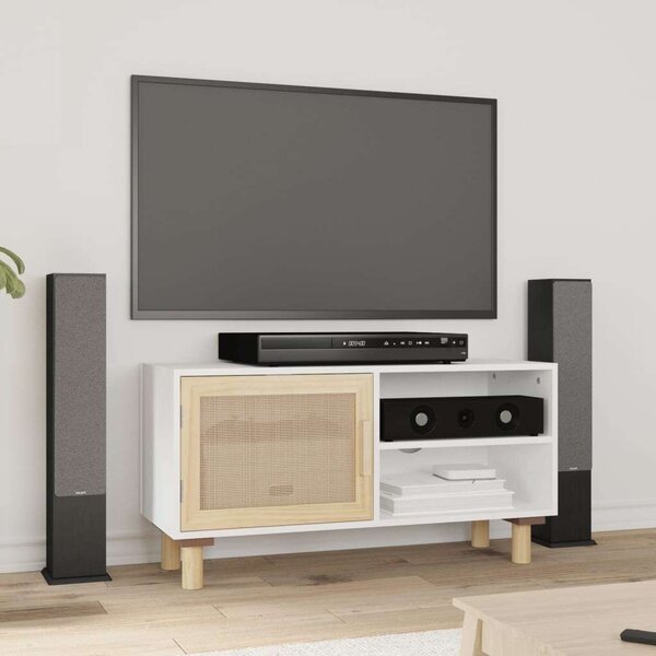 Fenyő-Rattan TV Szekrény - Fehér - 80x30x40 cm
