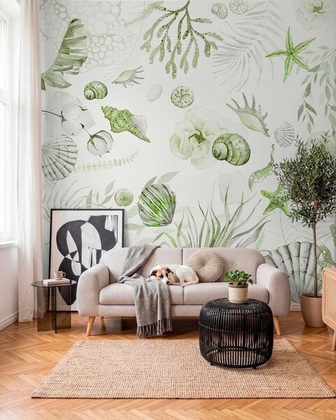 Fotótapéta Akvarell tengeri minta, boho stílus, kagylókból, korallok, pamut, zöld színek, Tenger és óceán fotótapéta, w00851v2 : Uwalls.hu