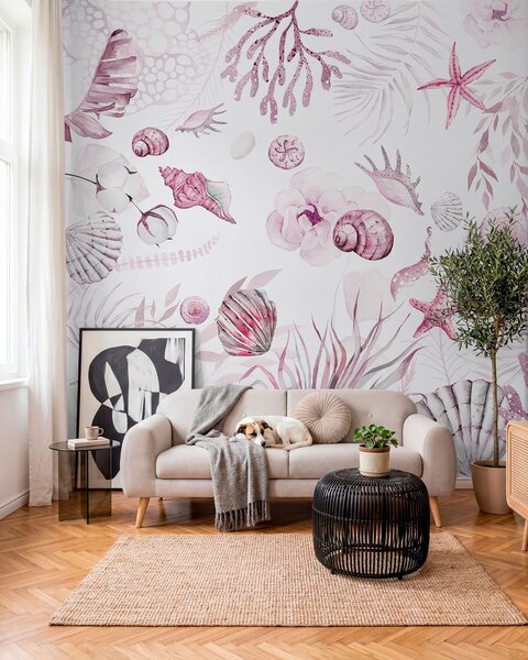 Fotótapéta Akvarell tengeri minta, boho stílus, kagylókból, korallok, pamut, rózsaszín, Fotótapéta virágok és növények, w00851v3 : Uwalls.hu