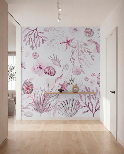 Fotótapéta Akvarell tengeri minta, boho stílus, kagylókból, korallok, pamut, rózsaszín, Fotótapéta virágok és növények, w00851v3 : Uwalls.hu