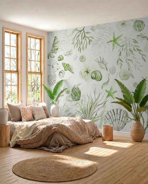 Fotótapéta Akvarell tengeri minta, boho stílus, kagylókból, korallok, pamut, zöld színek, Tenger és óceán fotótapéta, w00851v2 : Uwalls.hu