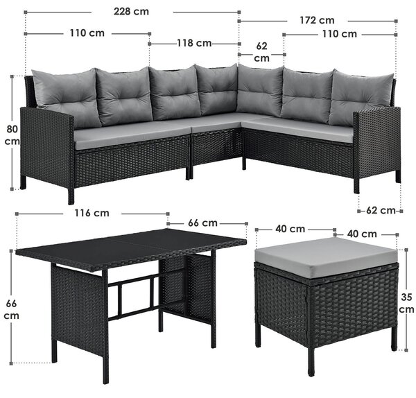 Juskys Kerti rattan szett Manacor - fekete/szürke párnák