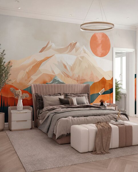 Fotótapéta Boho boldogság: hegyek, fák és napsütéses nyugodt táj, Panoráma fotótapéta, w01358 : Uwalls.hu