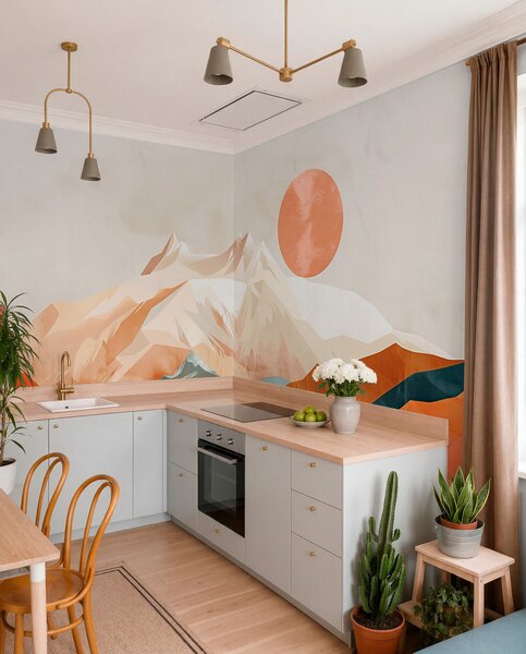 Fotótapéta Boho boldogság: hegyek, fák és napsütéses nyugodt táj, Panoráma fotótapéta, w01358 : Uwalls.hu